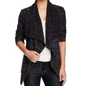 BNCI by Blanc Noir Women's Tweed Drape Front Shawl Collar Cardigan Sweater Black